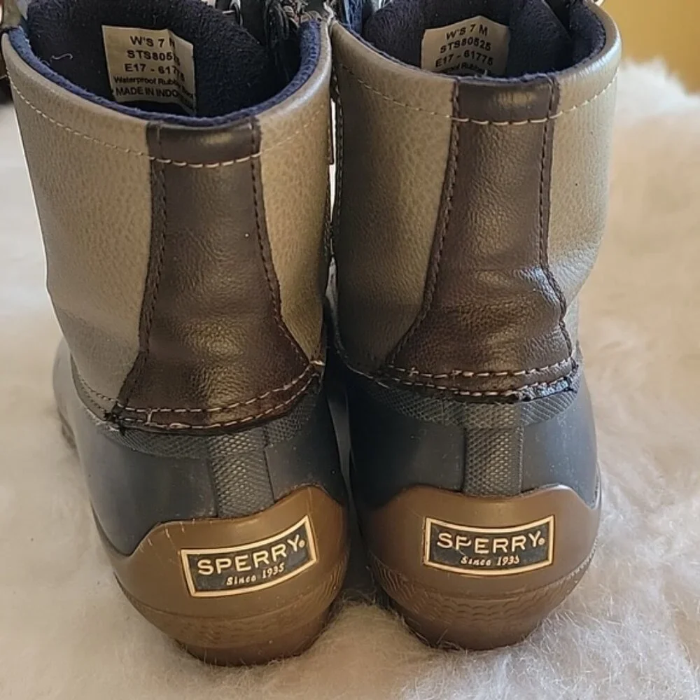 SPERRY Saltwater Blue Gray Lace Up Side Zip Preppy Waterproof Rain Duck Boots‎ 7